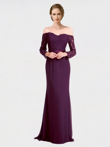 Off the Shoulder Long Soft Chiffon & Lace Grape Long Sleeves Bridesmaid Dress Victoria
