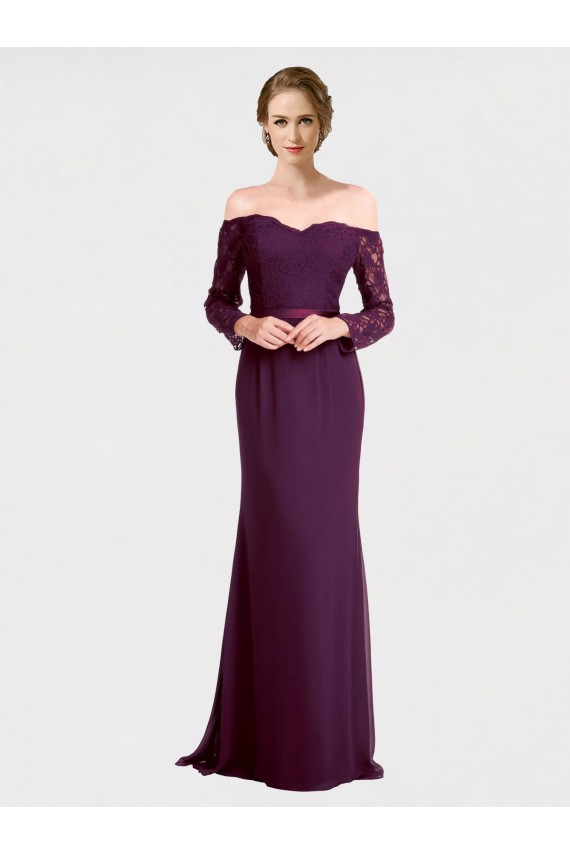 Off the Shoulder Long Soft Chiffon & Lace Grape Long Sleeves Bridesmaid Dress Victoria