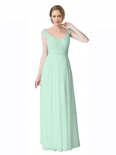V-Neck Long Soft Chiffon & Lace Mint Green Cap Sleeves Bridesmaid Dress Victoria