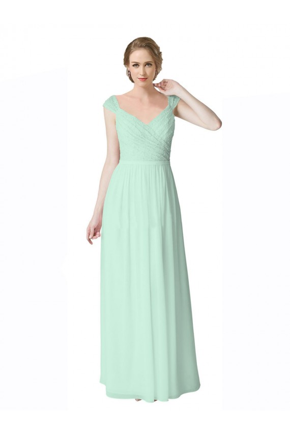 V-Neck Long Soft Chiffon & Lace Mint Green Cap Sleeves Bridesmaid Dress Victoria