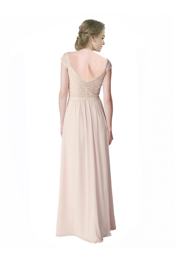 V-Neck Long Soft Chiffon & Lace Mint Green Cap Sleeves Bridesmaid Dress Victoria