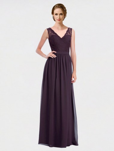 V-Neck Long Chiffon & Lace Grape Sleeveless Bridesmaid Dress / Evening Dress Victoria