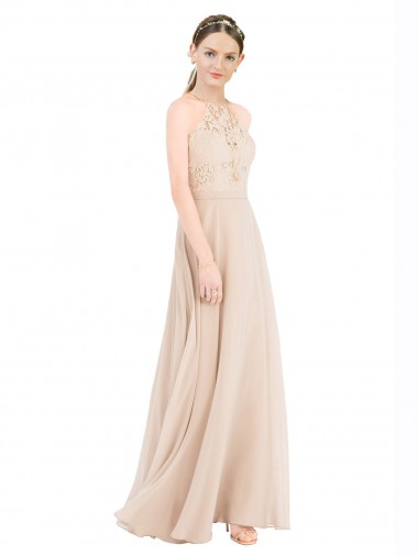 High Neck Long Soft Chiffon & Lace Champagne Sleeveless Prom Dress / Bridesmaid Dress Victoria