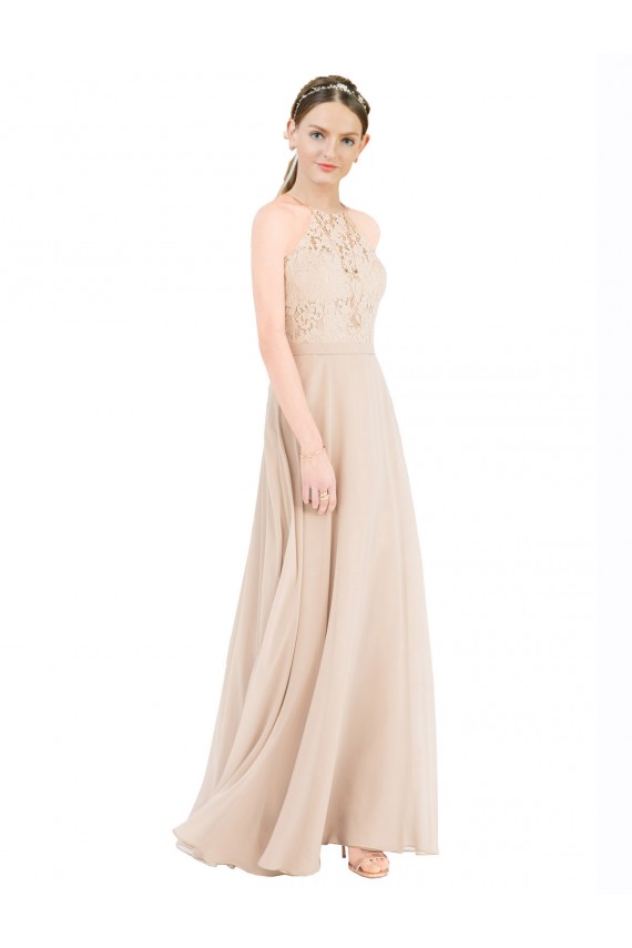 High Neck Long Soft Chiffon & Lace Champagne Sleeveless Prom Dress / Bridesmaid Dress Victoria