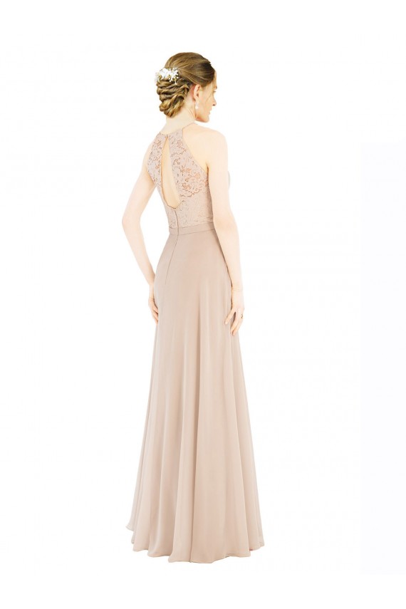 High Neck Long Soft Chiffon & Lace Champagne Sleeveless Prom Dress / Bridesmaid Dress Victoria
