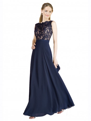 Illusion Neck Long Soft Chiffon & Lace Dark Navy Sleeveless Prom Dress / Bridesmaid Dress Victoria