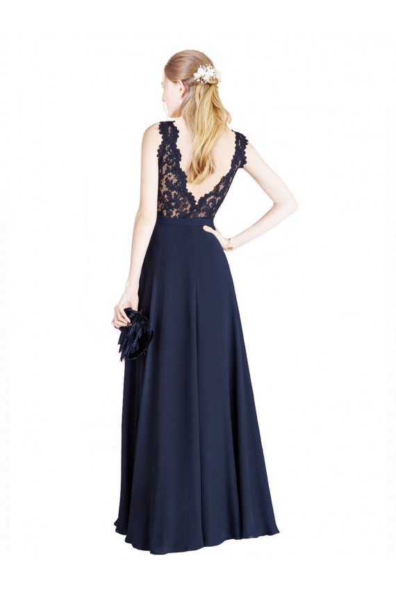 Illusion Neck Long Soft Chiffon & Lace Dark Navy Sleeveless Prom Dress / Bridesmaid Dress Victoria