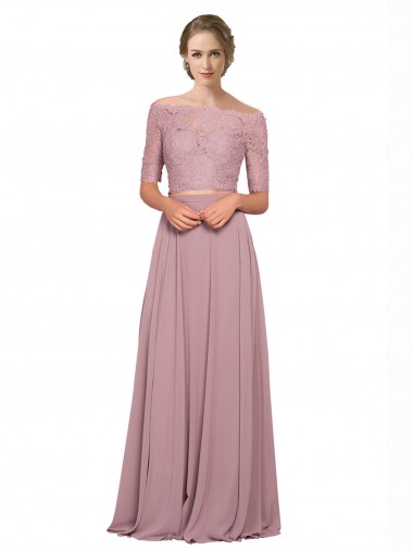Off the Shoulder Long Soft Chiffon & Lace Short Sleeves Prom Dress / Bridesmaid Dress Victoria