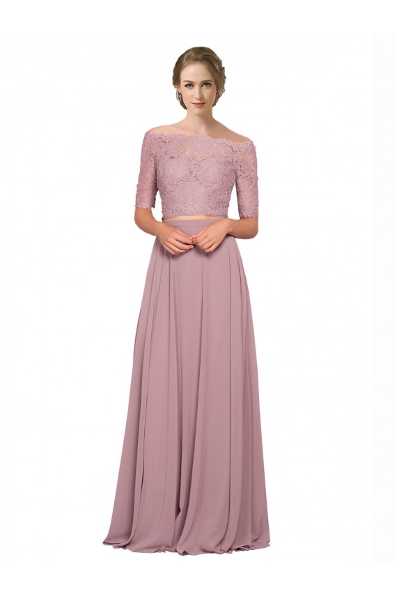 Off the Shoulder Long Soft Chiffon & Lace Short Sleeves Prom Dress / Bridesmaid Dress Victoria