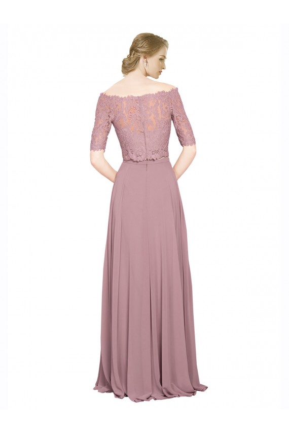 Off the Shoulder Long Soft Chiffon & Lace Short Sleeves Prom Dress / Bridesmaid Dress Victoria
