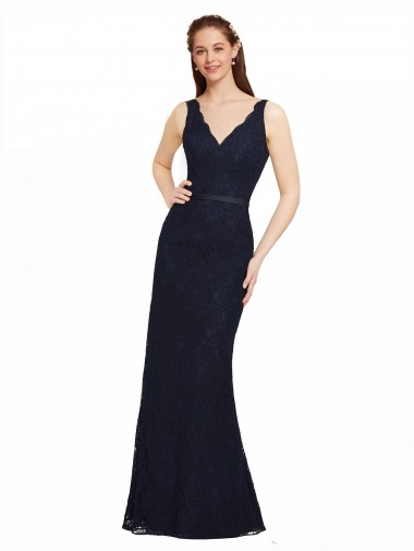 V-Neck Long Lace Dark Navy Sleeveless Bridesmaid Dress Victoria