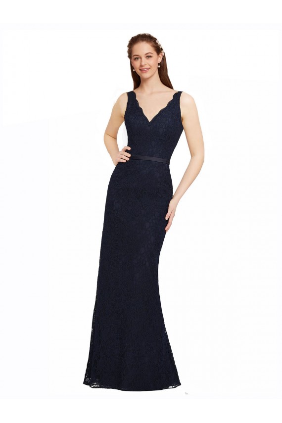 V-Neck Long Lace Dark Navy Sleeveless Bridesmaid Dress Victoria