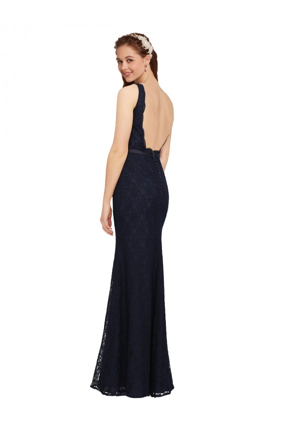 V-Neck Long Lace Dark Navy Sleeveless Bridesmaid Dress Victoria