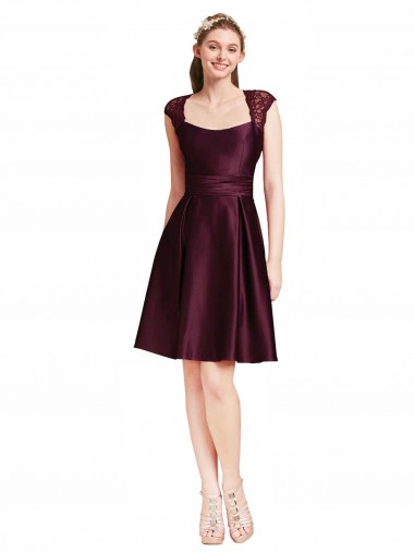 Square Neck Knee Length Satin & Lace Grape Sleeveless Bridesmaid Dress Victoria