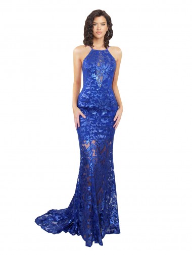 High Neck Long Lace Royal Blue Sleeveless Semi Formal Evening Dress / Prom Dress / Bridesmaid Dress Victoria