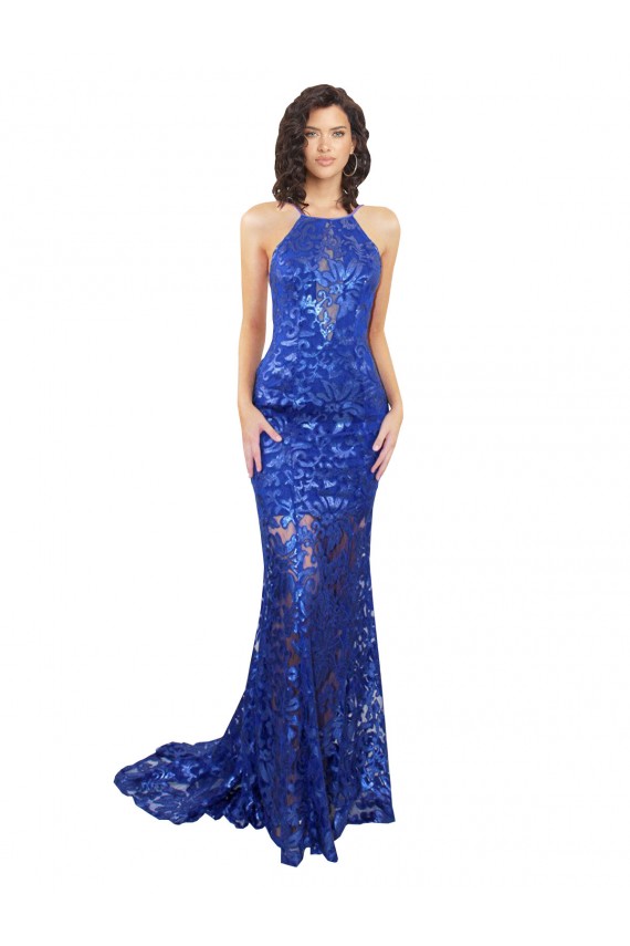 High Neck Long Lace Royal Blue Sleeveless Semi Formal Evening Dress / Prom Dress / Bridesmaid Dress Victoria