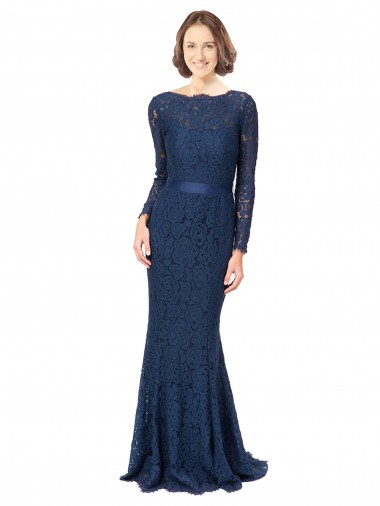 Jewel Neck Sweep Train Lace Dark Navy Long Sleeves Bridesmaid Dress Victoria