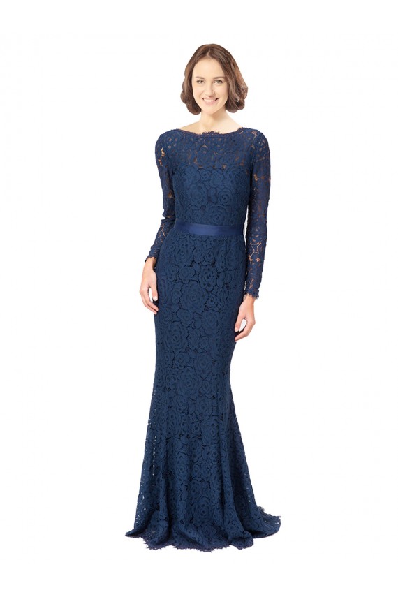 Jewel Neck Sweep Train Lace Dark Navy Long Sleeves Bridesmaid Dress Victoria