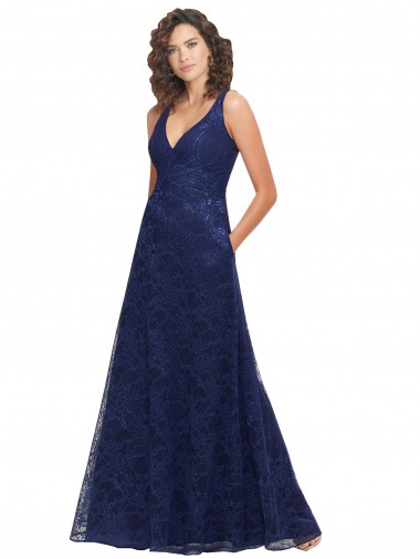 V-Neck Long Lace Dark Navy A-Line Sleeveless Bridesmaid Dress Victoria