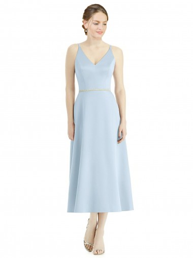 V-Neck Tea Length Satin Light Sky Blue Sleeveless Bridesmaid Dress Victoria