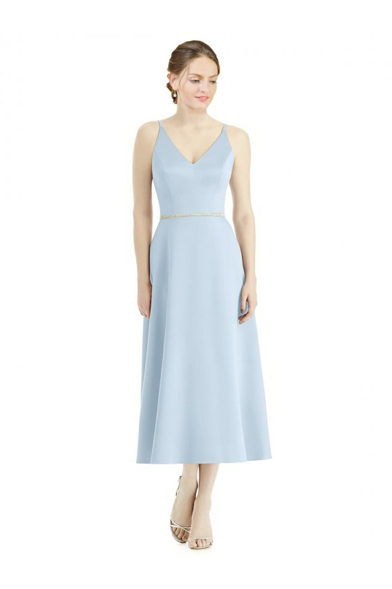 V-Neck Tea Length Satin Light Sky Blue Sleeveless Bridesmaid Dress Victoria