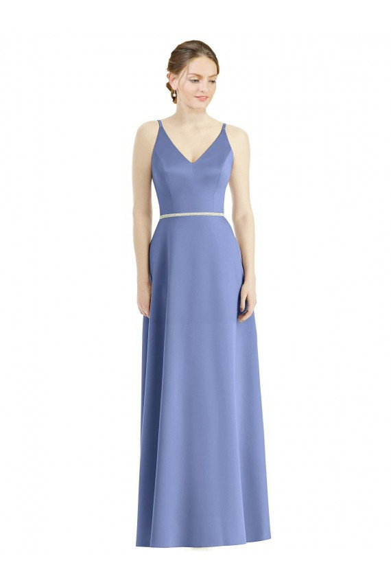 V-Neck Long Satin Periwinkle Sleeveless Bridesmaid Dress Victoria