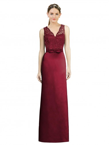V-Neck Long Satin & Lace Burgundy Sleeveless Bridesmaid Dress Victoria