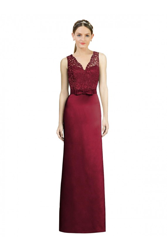 V-Neck Long Satin & Lace Burgundy Sleeveless Bridesmaid Dress Victoria