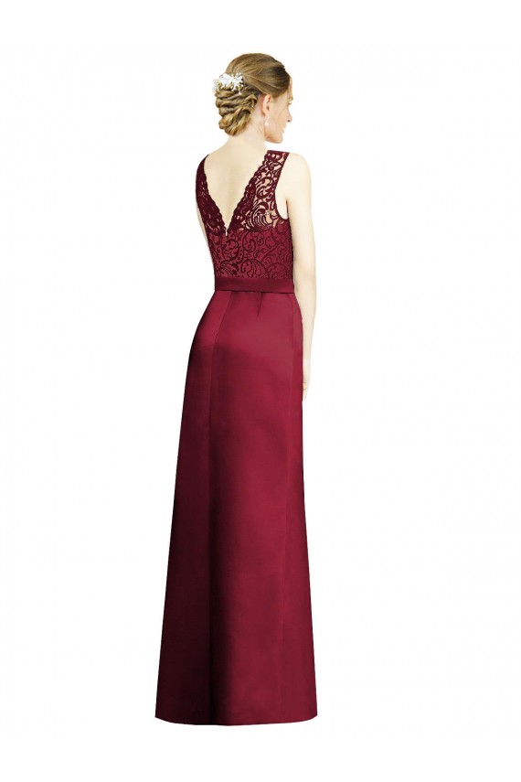 V-Neck Long Satin & Lace Burgundy Sleeveless Bridesmaid Dress Victoria