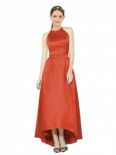 Halter Neck Satin Spice Red Sleeveless High Low Bridesmaid Dress Victoria