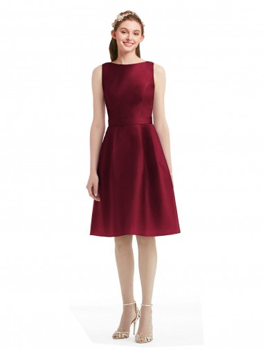Bateau Neck Knee Length Satin Burgundy Sleeveless Bridesmaid Gown Victoria