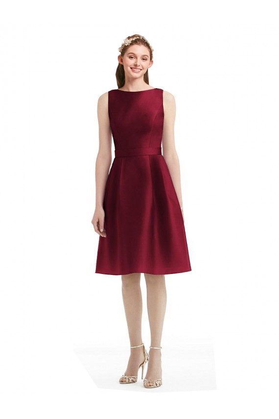 Bateau Neck Knee Length Satin Burgundy Sleeveless Bridesmaid Gown Victoria