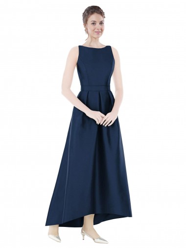 Bateau Neck Long Satin Dark Navy Sleeveless High Low Bridesmaid Dress Victoria