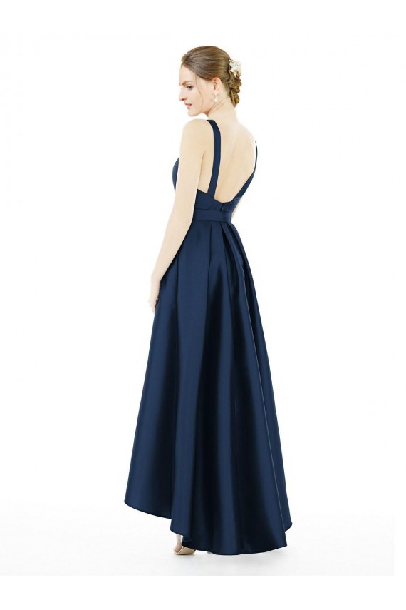 Bateau Neck Long Satin Dark Navy Sleeveless High Low Bridesmaid Dress Victoria