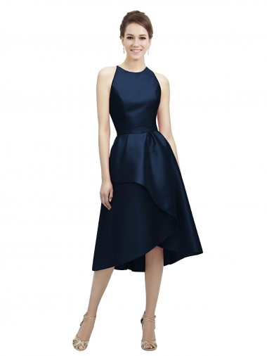 Jewel Neck Tea Length Satin Dark Navy Sleeveless High Low Bridesmaid Dress Victoria