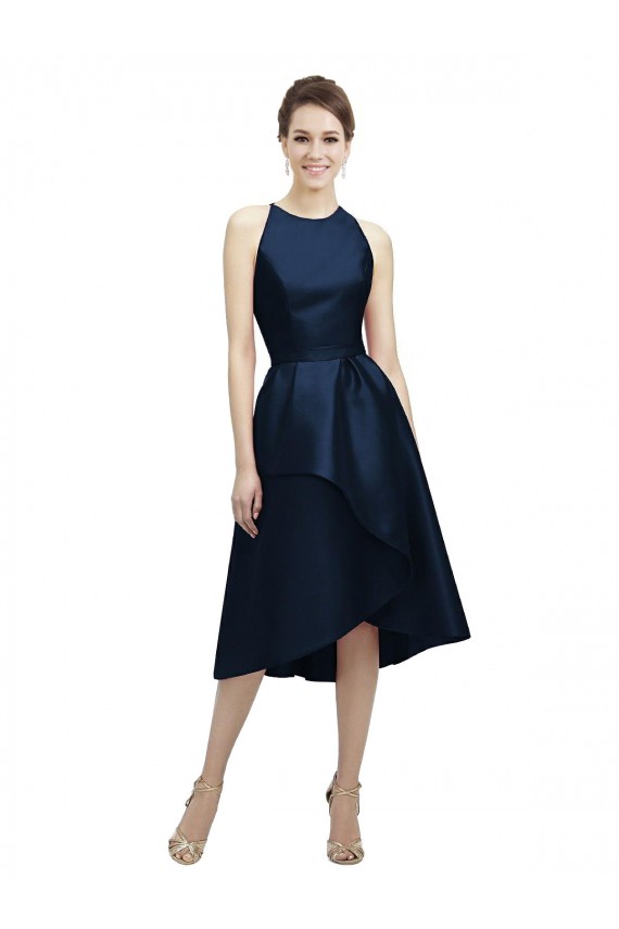 Jewel Neck Tea Length Satin Dark Navy Sleeveless High Low Bridesmaid Dress Victoria