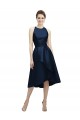 Jewel Neck Tea Length Satin Dark Navy Sleeveless High Low Bridesmaid Dress Victoria