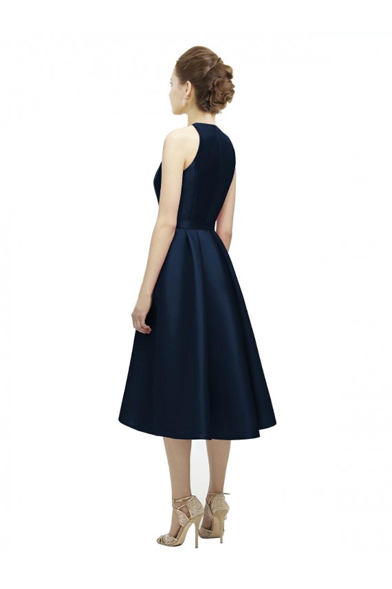 Jewel Neck Tea Length Satin Dark Navy Sleeveless High Low Bridesmaid Dress Victoria