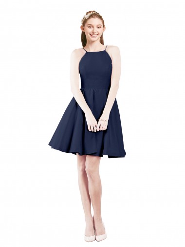 Halter Neck Knee Length Satin Dark Navy Sleeveless Bridesmaid Gown Victoria