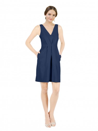 V-Neck Knee Length Satin Dark Navy Sleeveless Evening Gown / Bridesmaid Dress Victoria