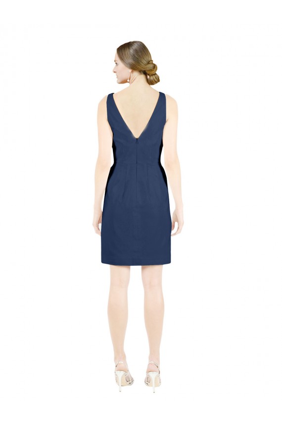 V-Neck Knee Length Satin Dark Navy Sleeveless Evening Gown / Bridesmaid Dress Victoria