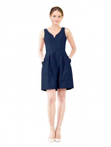 V-Neck Knee Length Satin Dark Navy Sleeveless Bridesmaid Gown Victoria
