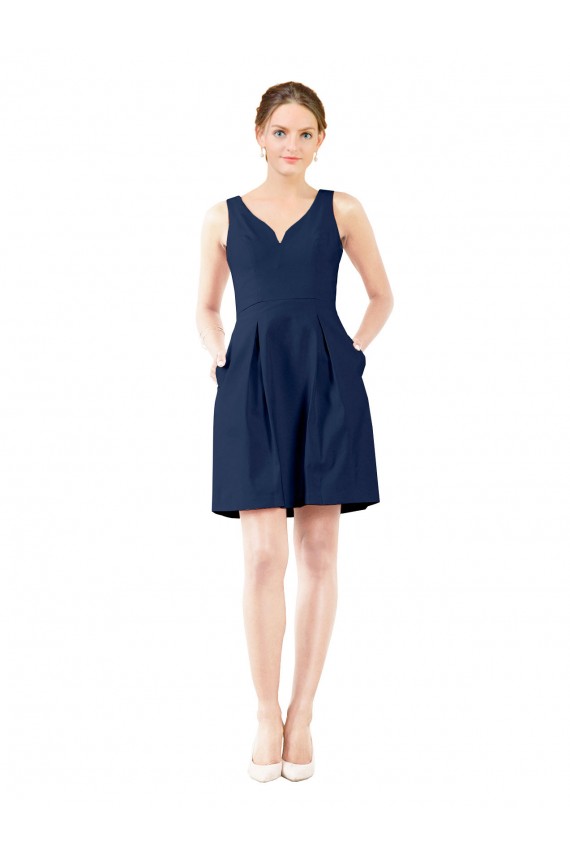 V-Neck Knee Length Satin Dark Navy Sleeveless Bridesmaid Gown Victoria