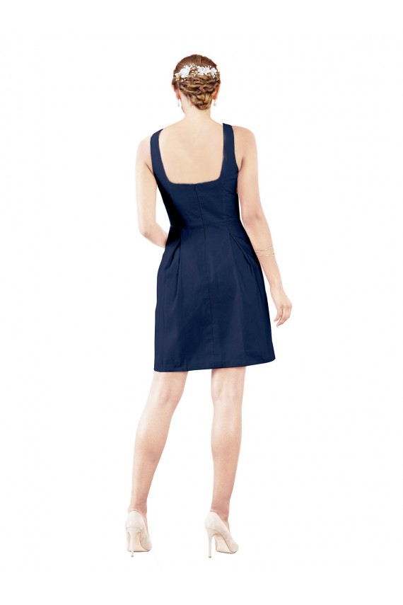 V-Neck Knee Length Satin Dark Navy Sleeveless Bridesmaid Gown Victoria