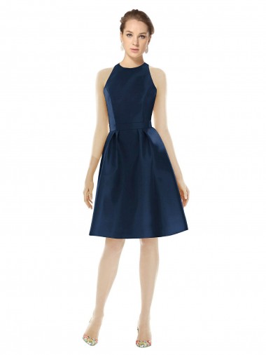 Halter Neck Cocktail Length Satin Dark Navy Sleeveless Bridesmaid Dress Victoria
