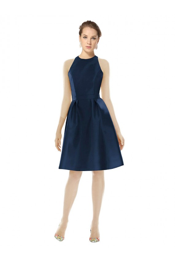 Halter Neck Cocktail Length Satin Dark Navy Sleeveless Bridesmaid Dress Victoria
