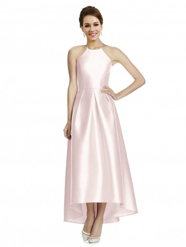 Halter Neck Long Satin Pink Sleeveless High Low Bridesmaid Dress Victoria
