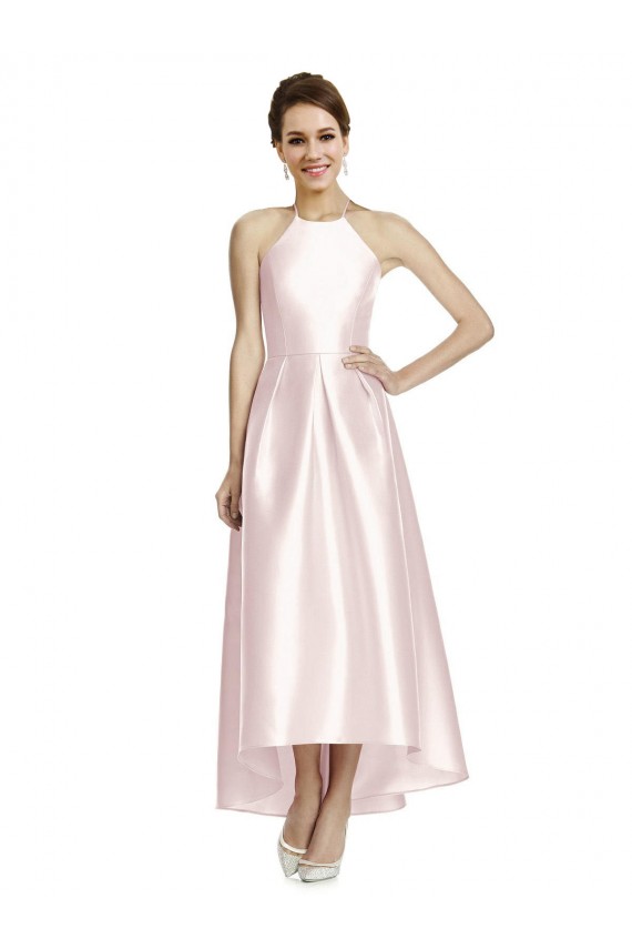 Halter Neck Long Satin Pink Sleeveless High Low Bridesmaid Dress Victoria