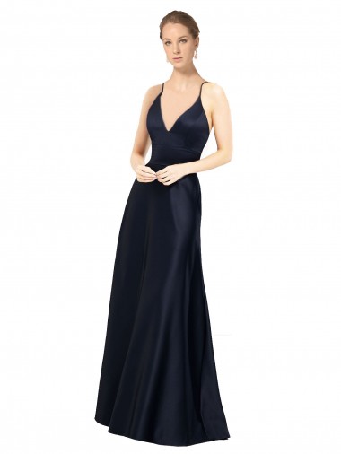 V-Neck Long Satin Dark Navy Sleeveless Prom Dress / Bridal Party Dress Victoria