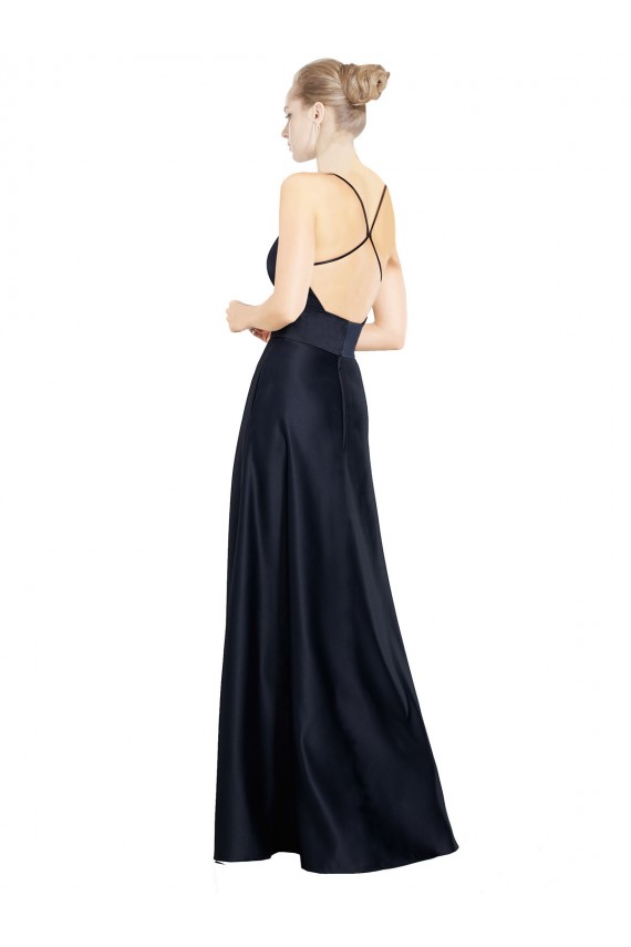 V-Neck Long Satin Dark Navy Sleeveless Prom Dress / Bridal Party Dress Victoria